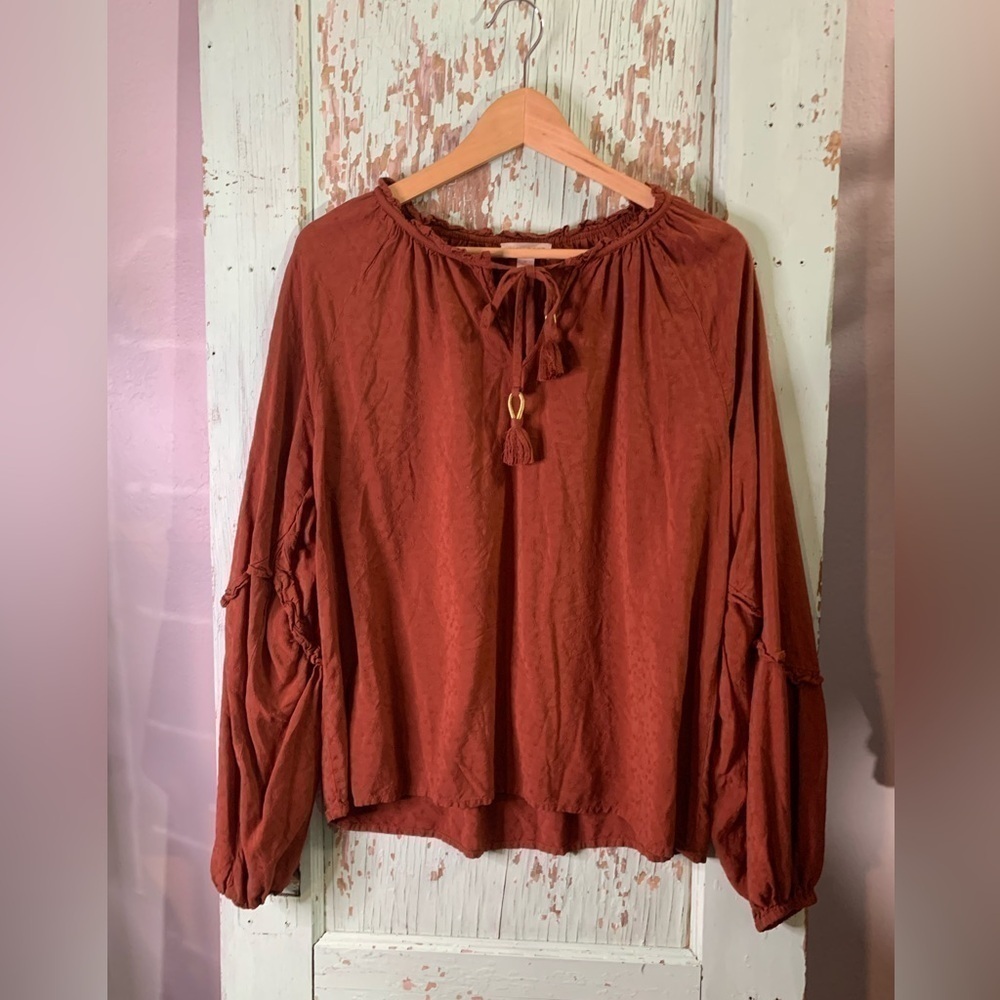 Knox Rose Women's Sz M Long Sleeve Tie Neck balloon sleeve peasant top orange